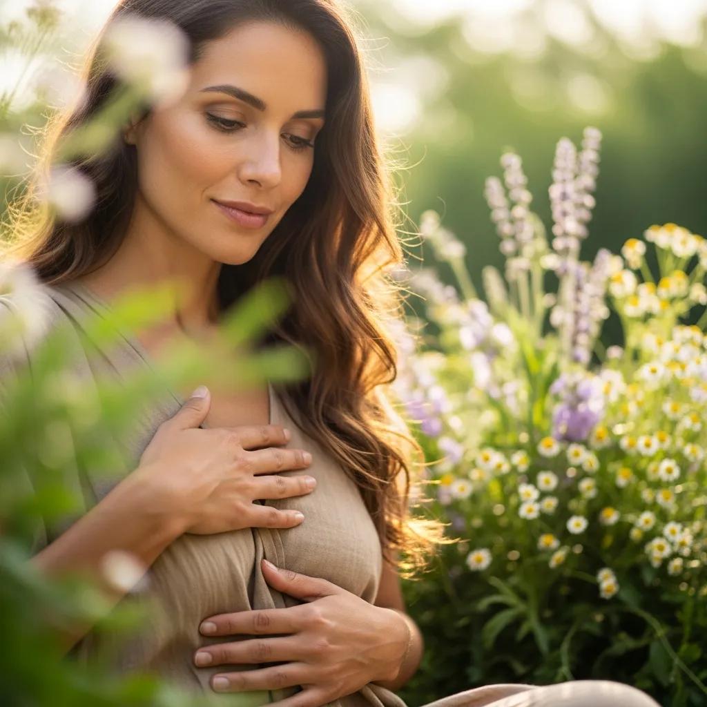 Close-up of a woman touching her abdomen, reflecting on the biological mechanisms of endometriosis and infertility