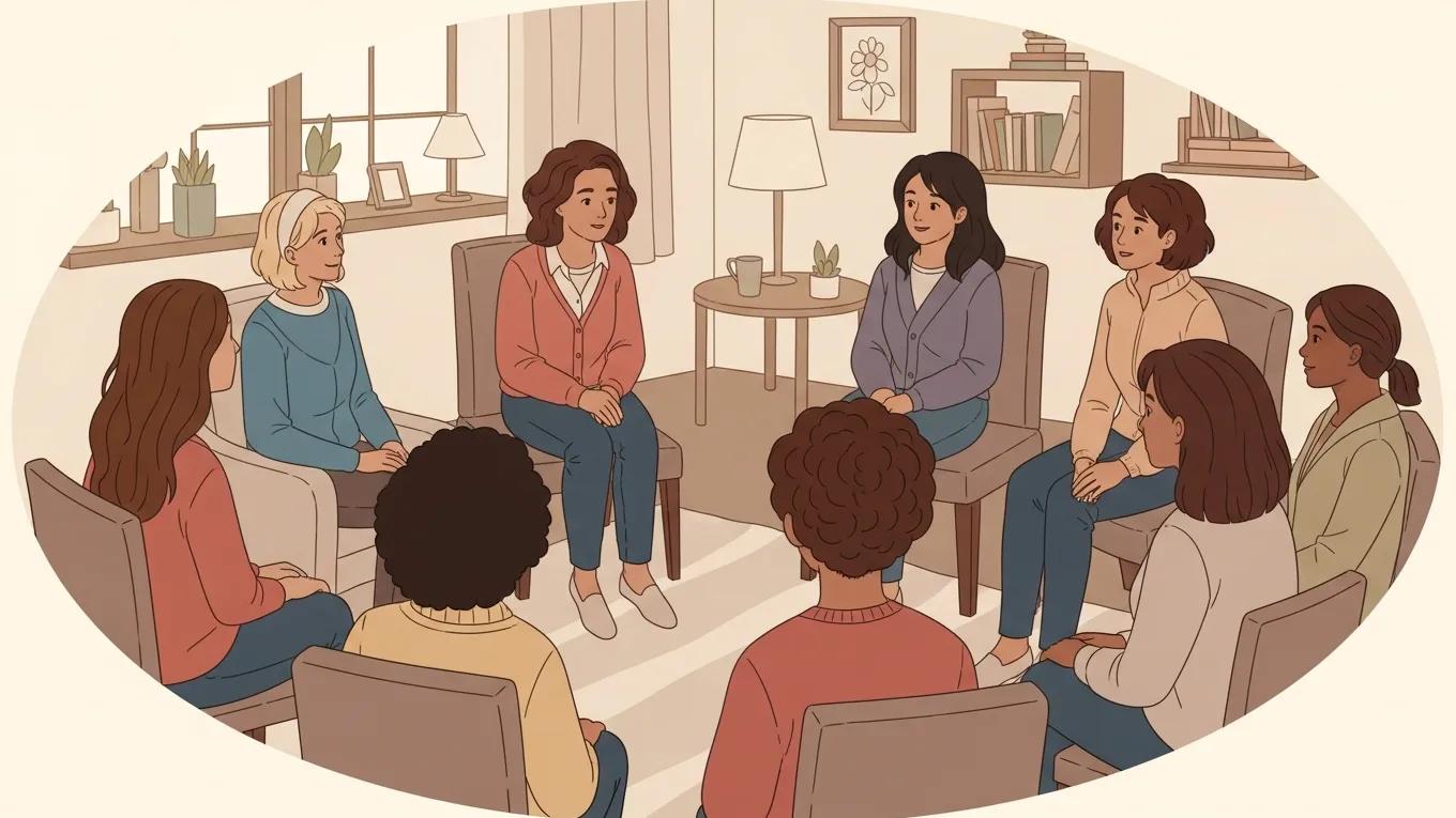 Diverse women in a supportive group setting discussing endometriosis experiences