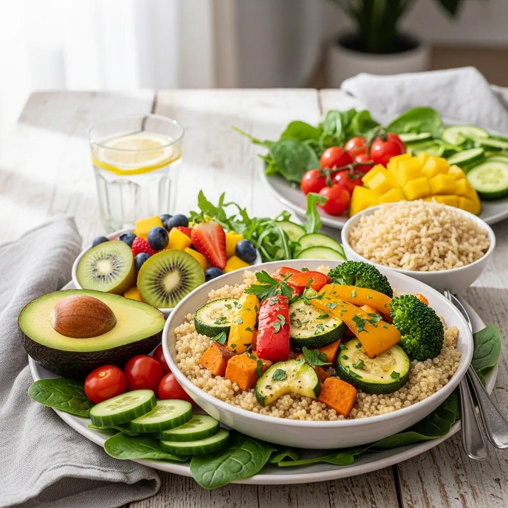 Healthy gluten-free grains and fresh vegetables arranged in a meal setting to illustrate benefits for endometriosis