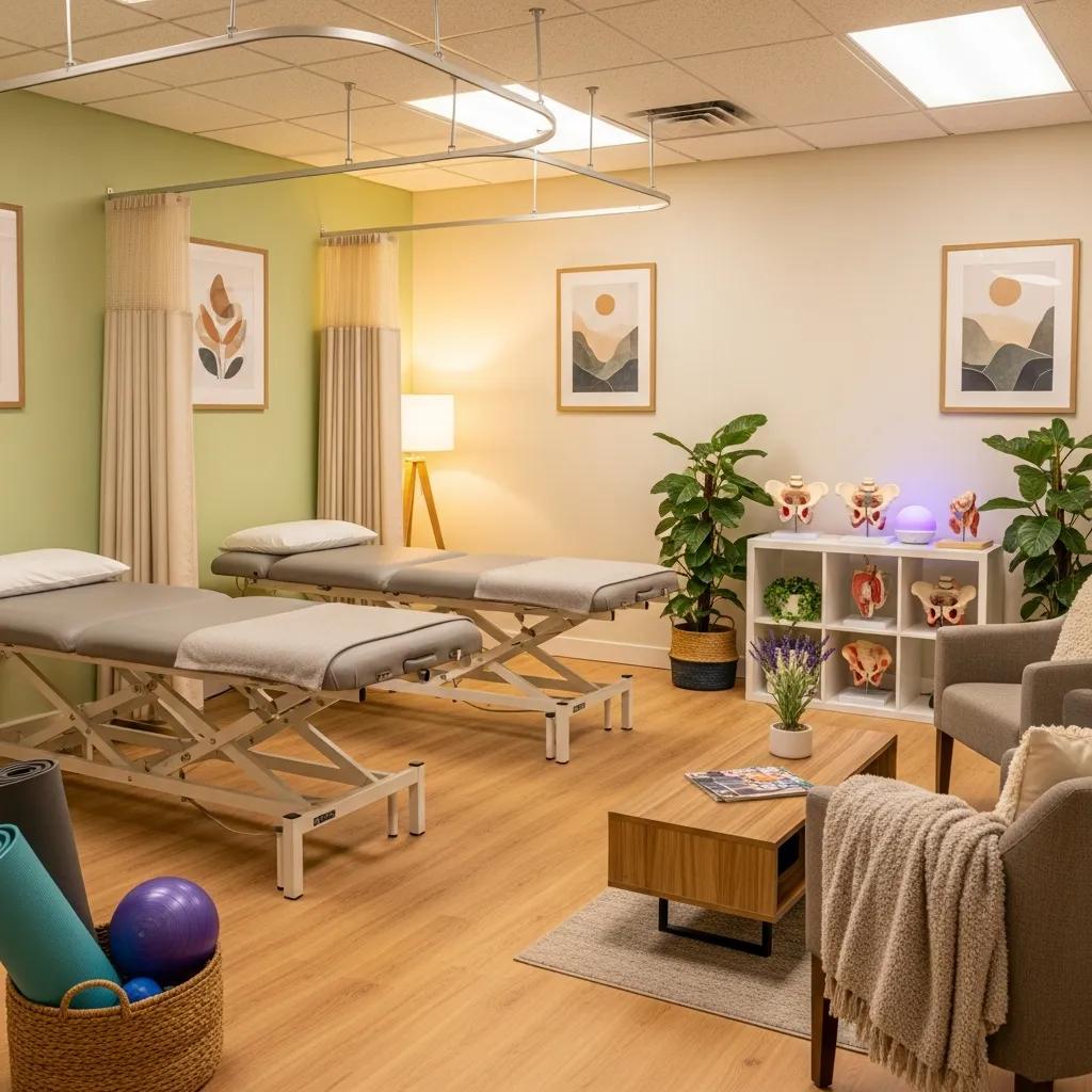 Therapy room for pelvic floor physical therapy with calming decor and therapy equipment
