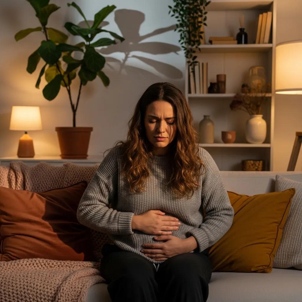 Woman experiencing discomfort from neuropathic pain related to endometriosis in a cozy living room