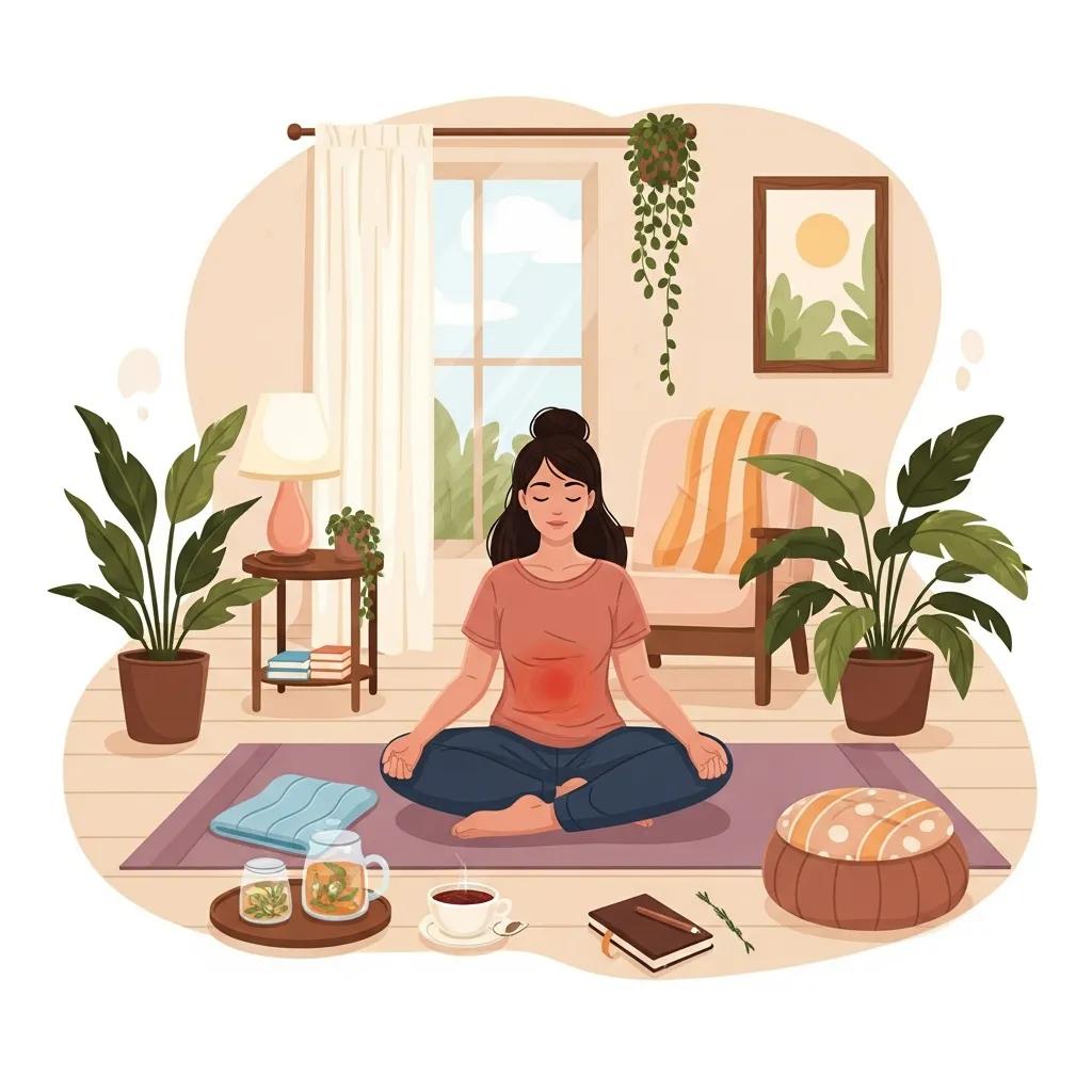 Woman practicing self-care for endometriosis with yoga mat, heating pad, and herbal tea
