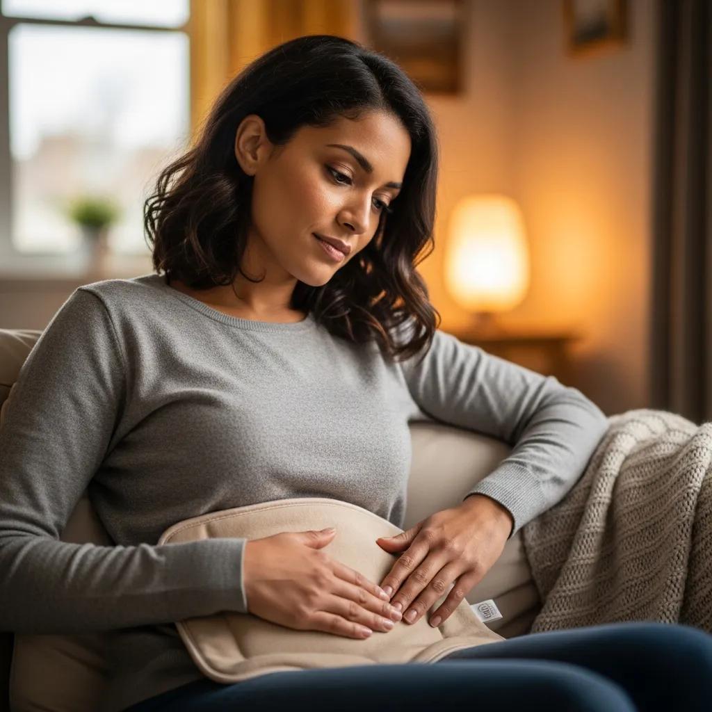 Woman using a heating pad for bladder pain relief, representing the challenges of bladder endometriosis